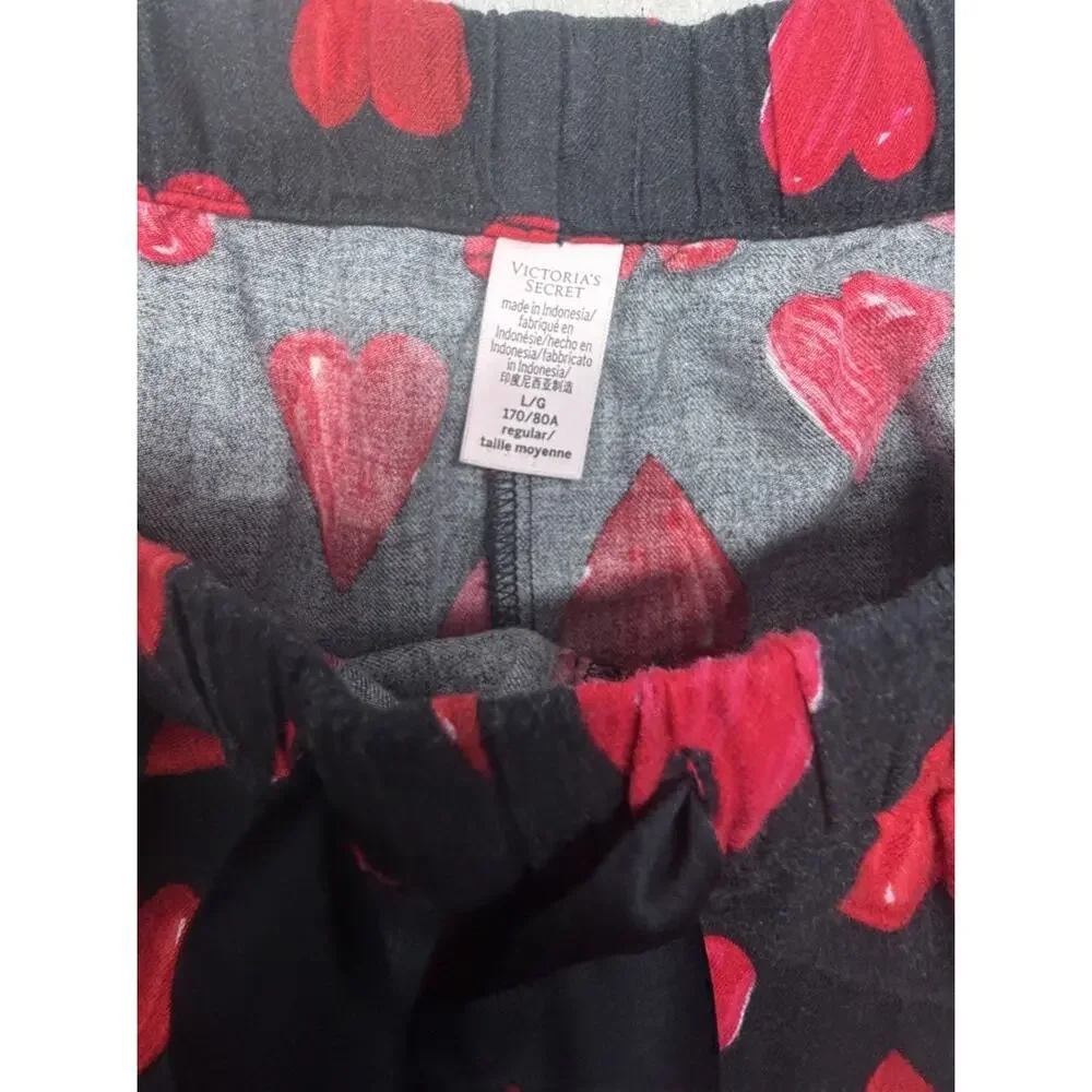 Victorias Secret 2 Piece Pajama Set Large Black Red Heart Print Valentines Set